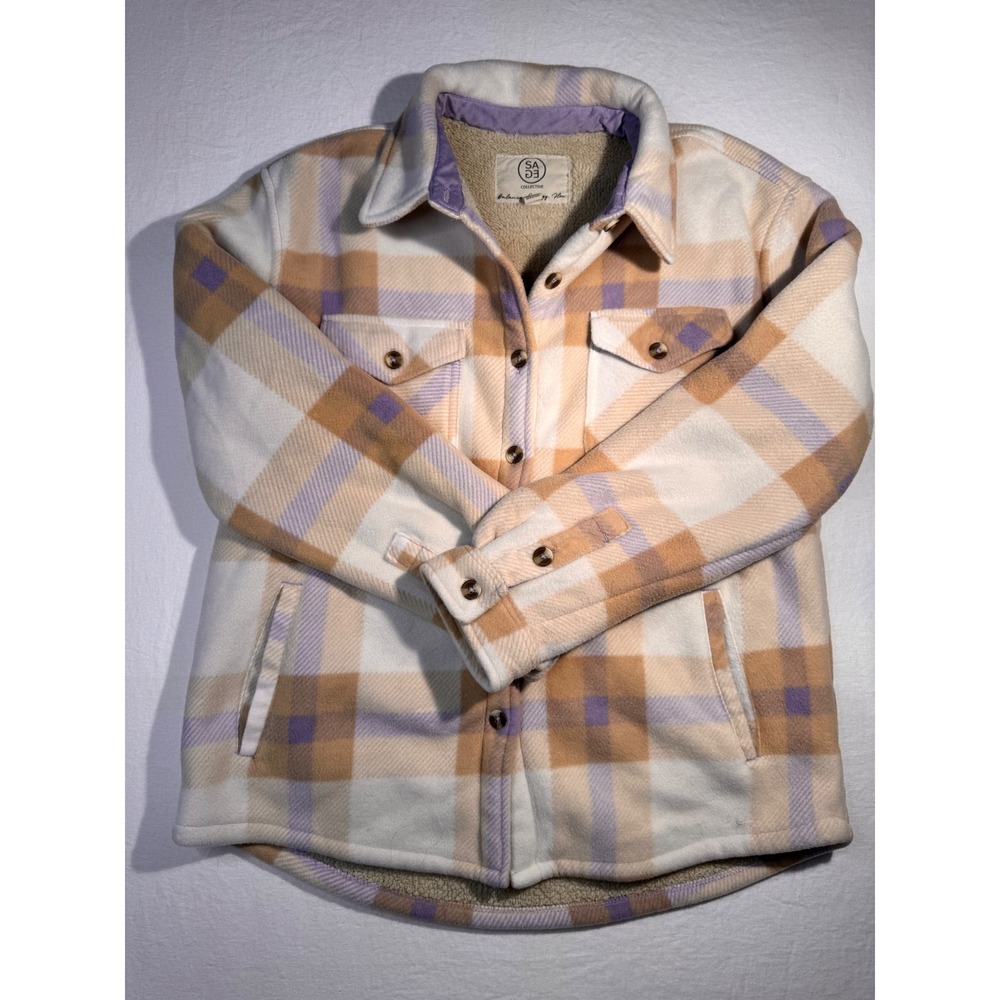 Sage Collective Women Plaid Fleece Sherpa Lined Shirt Jacket Purple Tan Large